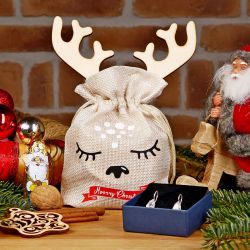Jute zak 13 x 18 cm - Kerstmis + houten kerstbal met hoorns Kerstmis