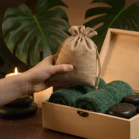 Jute zakjes in een set voor thuis-SPA en massage.