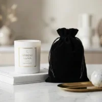 Witte geurkaars naast een elegant zwart fluwelen zakje voor in het interieur.