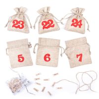 Adventskalender jute zakjes 11 x 14 cm - naturel + rode cijfers Kerst tassen