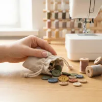 Linnen zakje z met gekleurde knopen voor naaien.