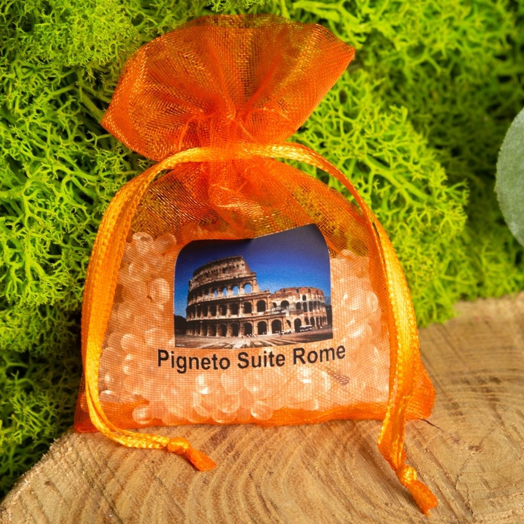 Oranje organza zak met een Colosseum-print, vastgebonden met een lint.