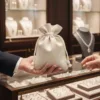 Linnen zakjes voor sieraden in juwelierszaak, elegante geschenkverpakking